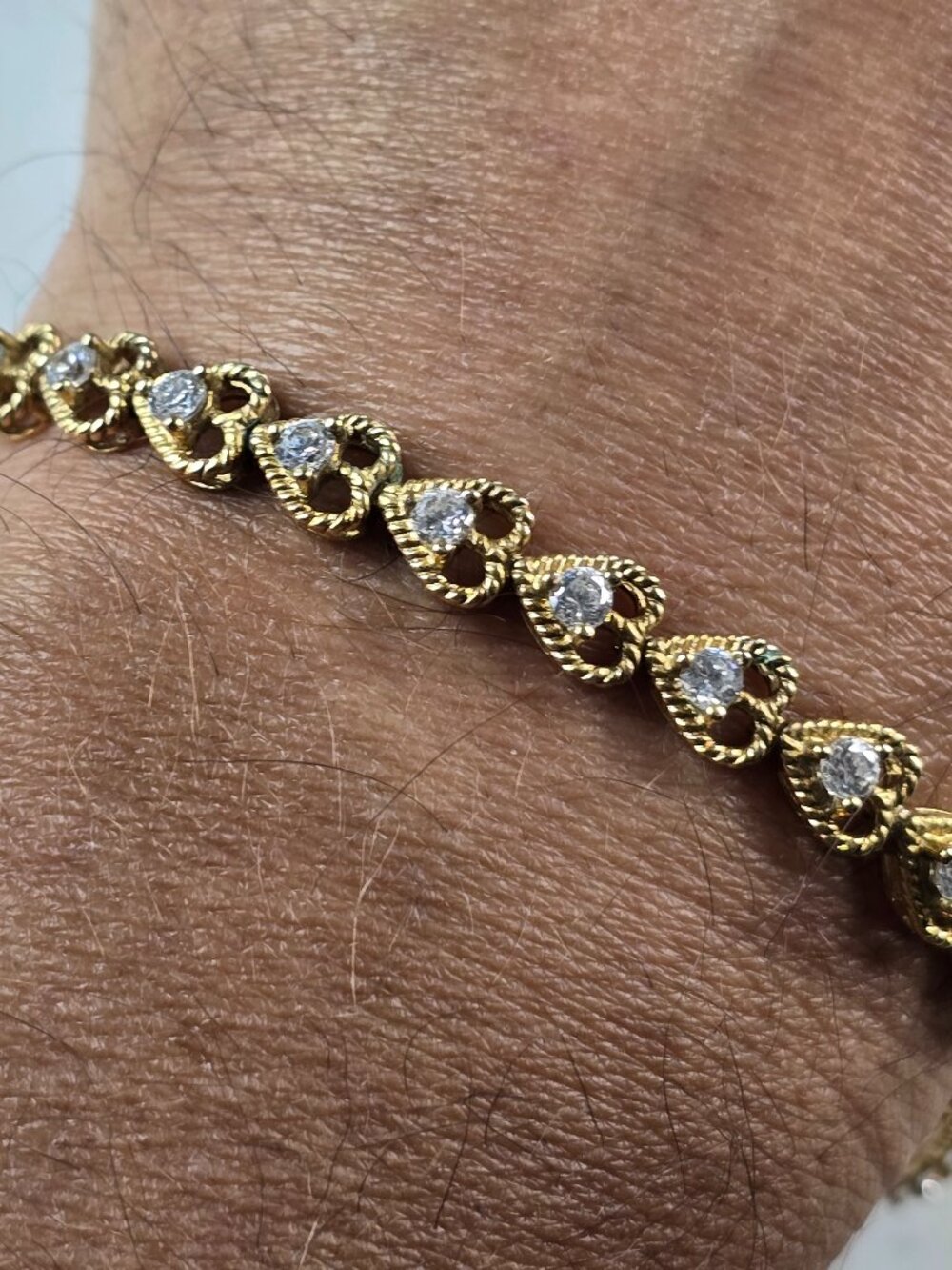 Womens Vintage Estate Sterling Silver Gold Tone CZ Heart Bracelet 13.6g E6661